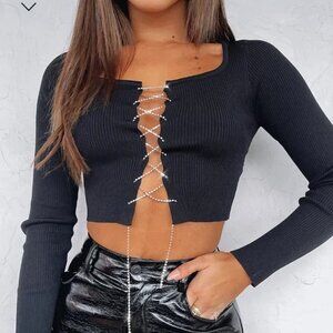 White Fox Diamond Lace-Up Front Cropped Black Top